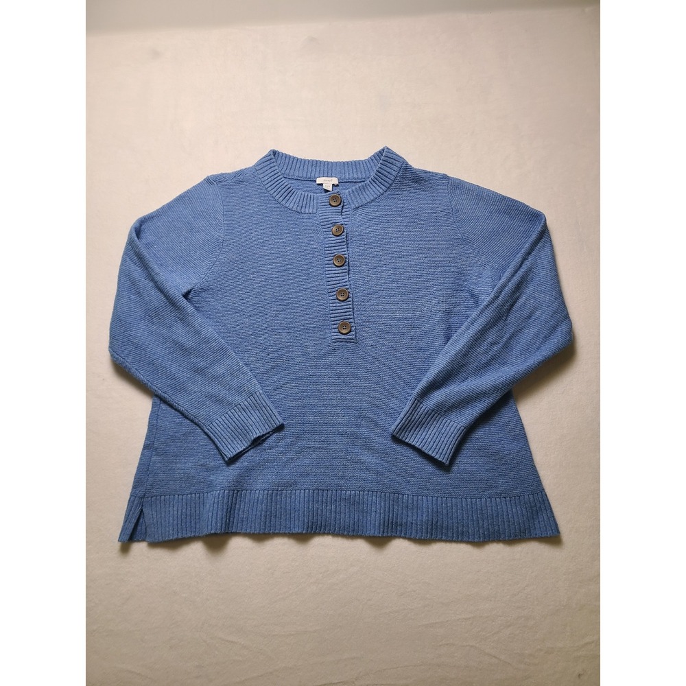 Pure Jill L Petite Sweater Casual Henley Blue Cotton Blend Knit L ong Sleeve